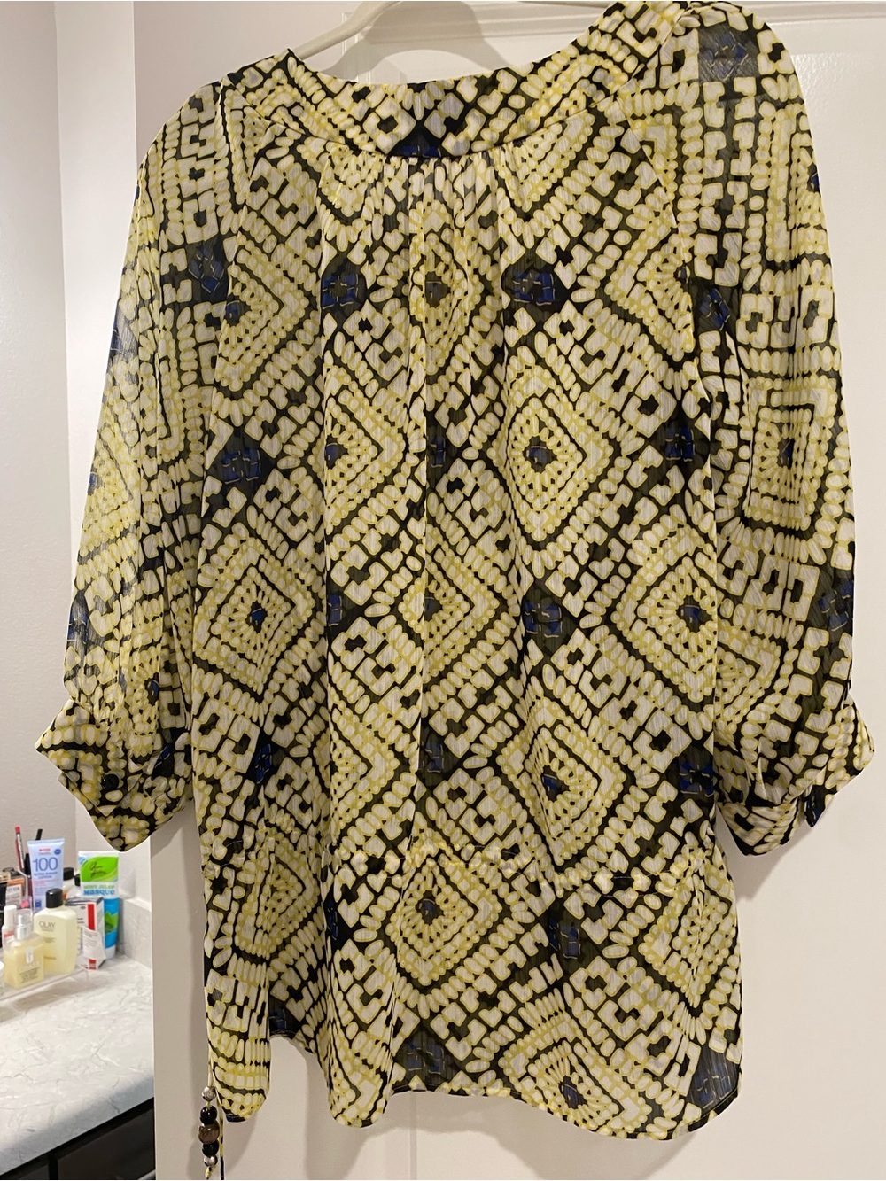 Nine West Yellow and Black Geometric Printed Blouse.